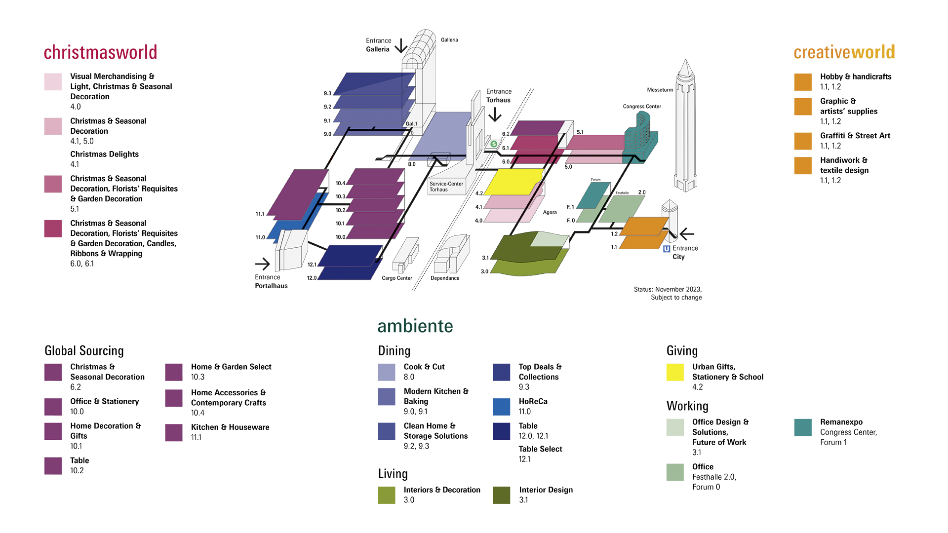 The new floor plan of the Frankfurt exhibition grounds at Ambiente, Christmasworld and Creativeworld 2024.