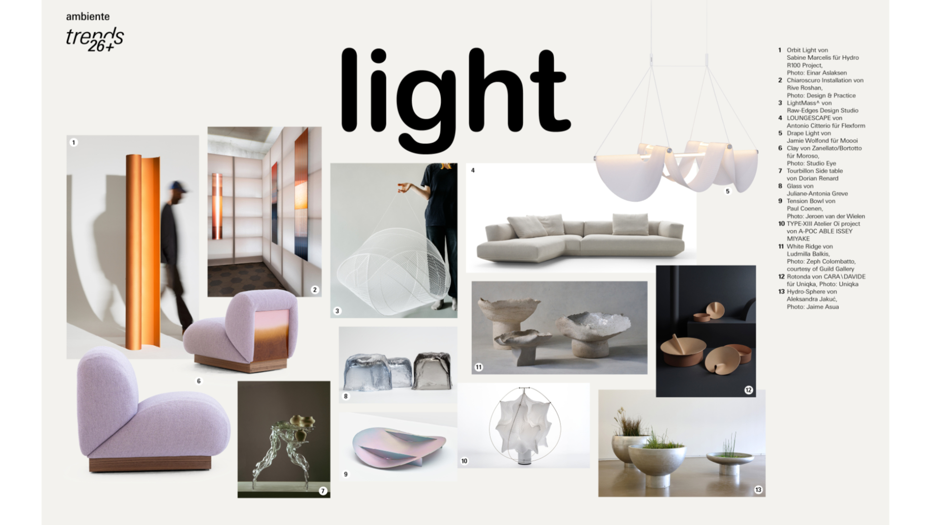 Mit Transparenz, ätherische Farben und schwerelose Designs steht light für Klarheit und eine neue, zarte Sinnlichkeit.