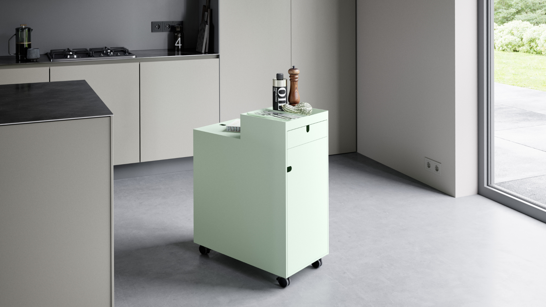 Der Rollwagen NEXT interpretiert den klassischen Rollcontainer neu: als multifunktionales Möbel für flexible Arbeits- und Wohnwelten. Mit Sitzfläche, Stauraum und abschließbarem Fach überzeugt er durch Design und Alltagstauglichkeit. Das Design stammt vom ehemaligen Ambiente Talent und jetzt renommierten Designer Mark Braun. Foto: Müller Möbelfabrikation